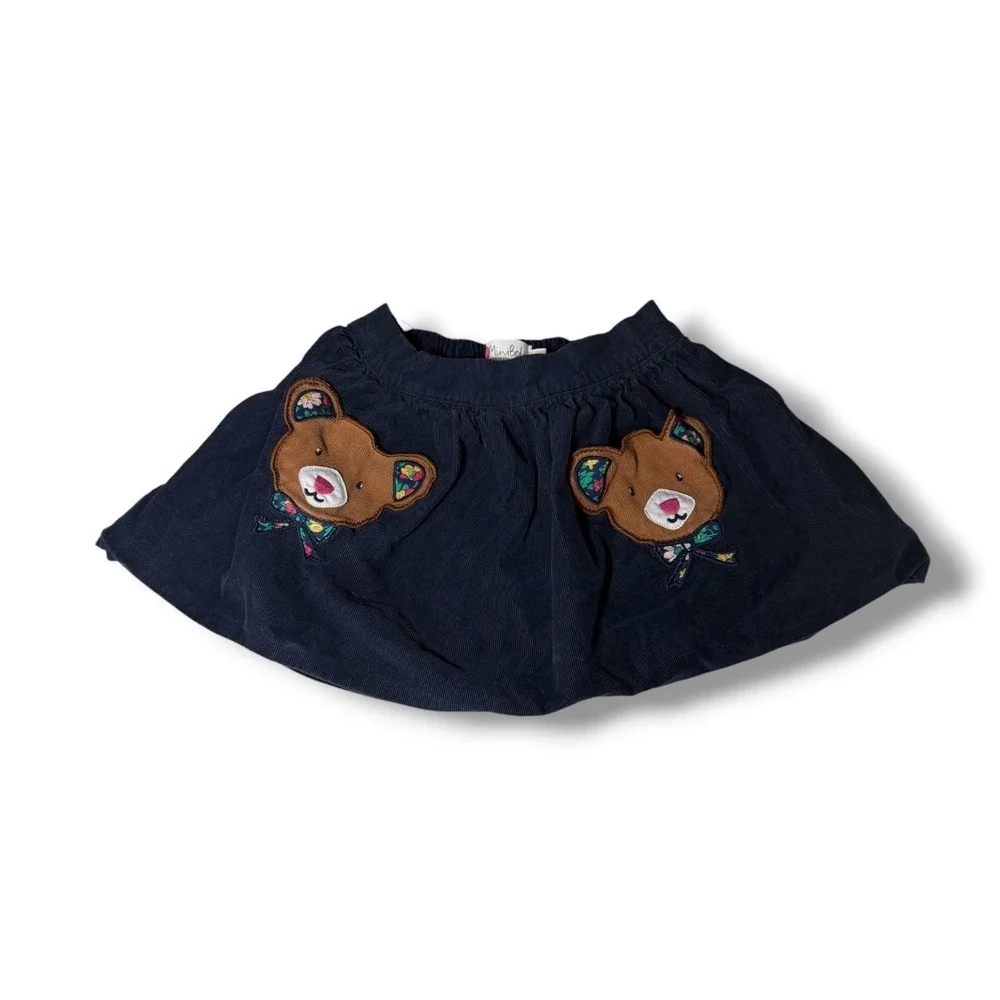Mini Boden Corduroy Skirt Kids 2-3Y Navy Blue Bear Patch Cotton School Play Fall